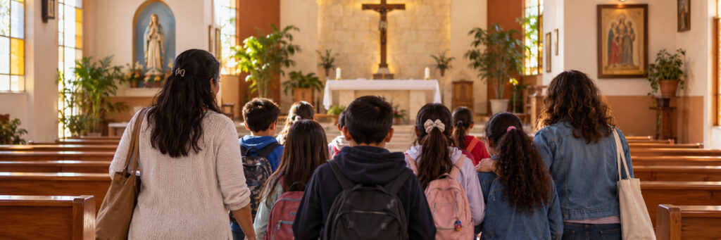 Grupo de niños y adolescentes acompañado por catequistas laicas dentro de una capilla.