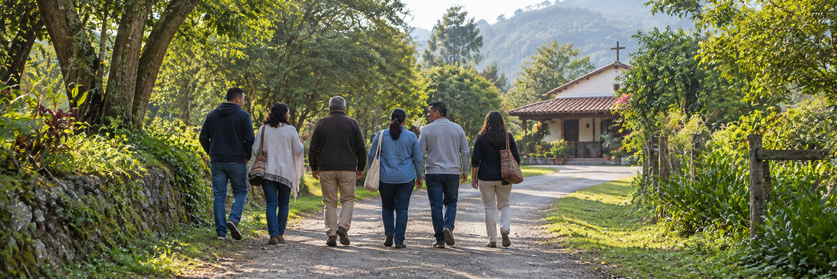 Grupo de catequistas caminando hacia una capilla rodeada de naturaleza.