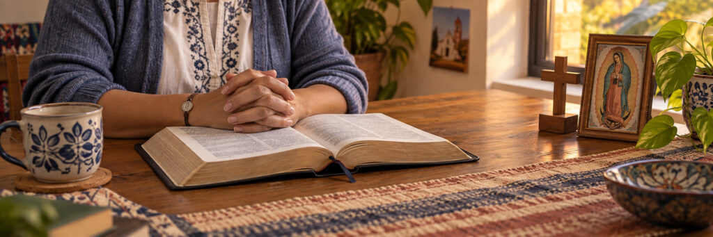 Manos de una catequista en oración sobre la Biblia junto a una cruz y una imagen de la Virgen de Guadalupe.