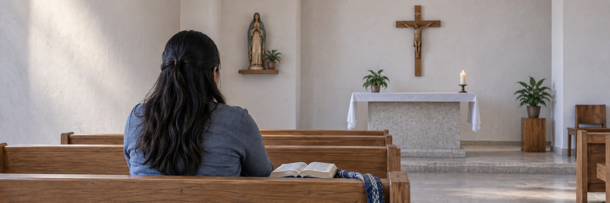 Catequista de cabello oscuro rezando de espaldas en una capilla sencilla.