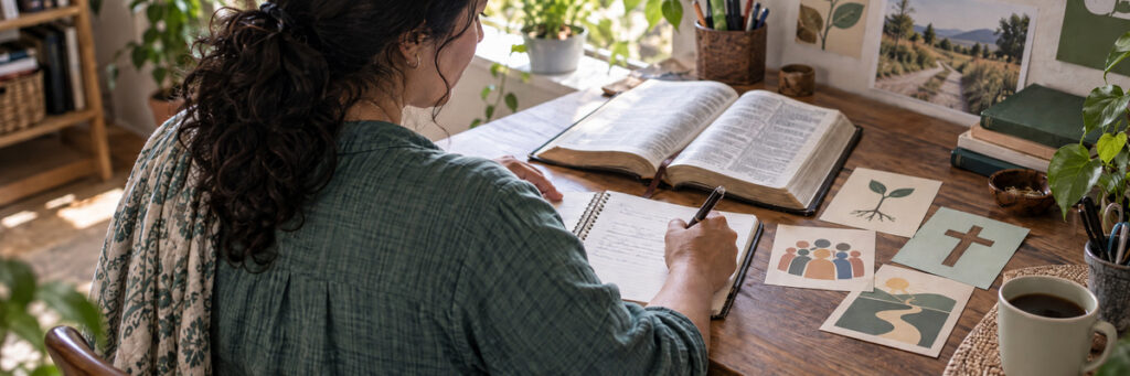Catequista vista desde atrás escribiendo junto a una Biblia y signos catequéticos.