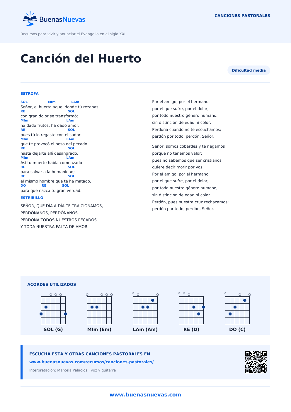 Vista previa del PDF de Canción del Huerto con letra, acordes y diagramas para guitarra.
