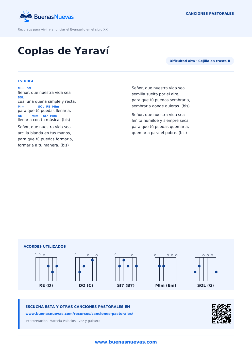 Vista previa del PDF de Coplas de Yaraví con letra, acordes y diagramas para guitarra.