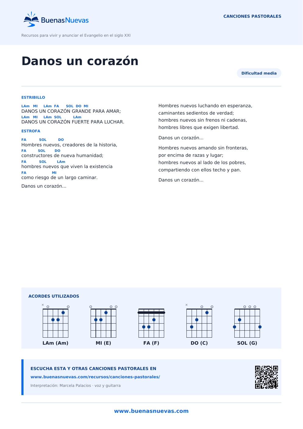 Vista previa del PDF de Danos un corazón con letra, acordes y diagramas para guitarra.
