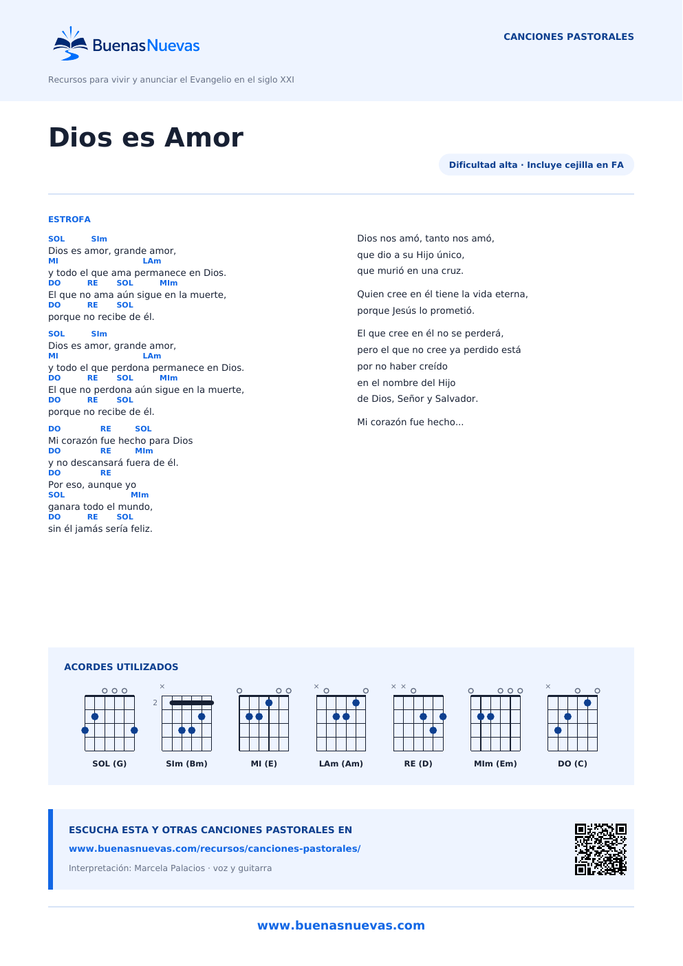 Vista previa del PDF de Dios es Amor con letra, acordes y diagramas para guitarra.