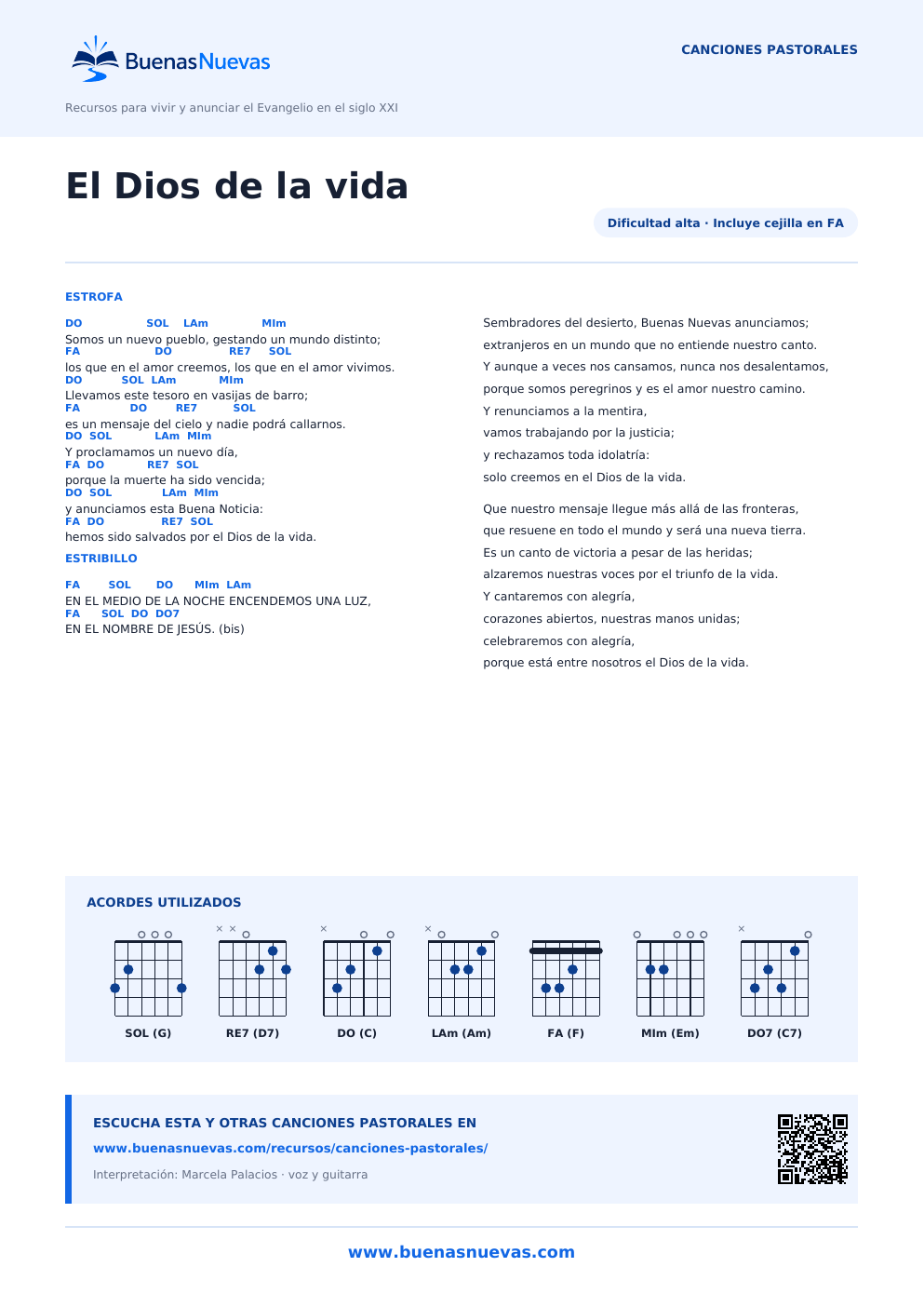 Vista previa del PDF de El Dios de la vida con letra, acordes y diagramas para guitarra.