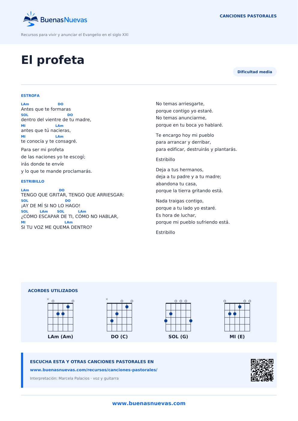 Vista previa del PDF de El profeta con letra, acordes y diagramas para guitarra.