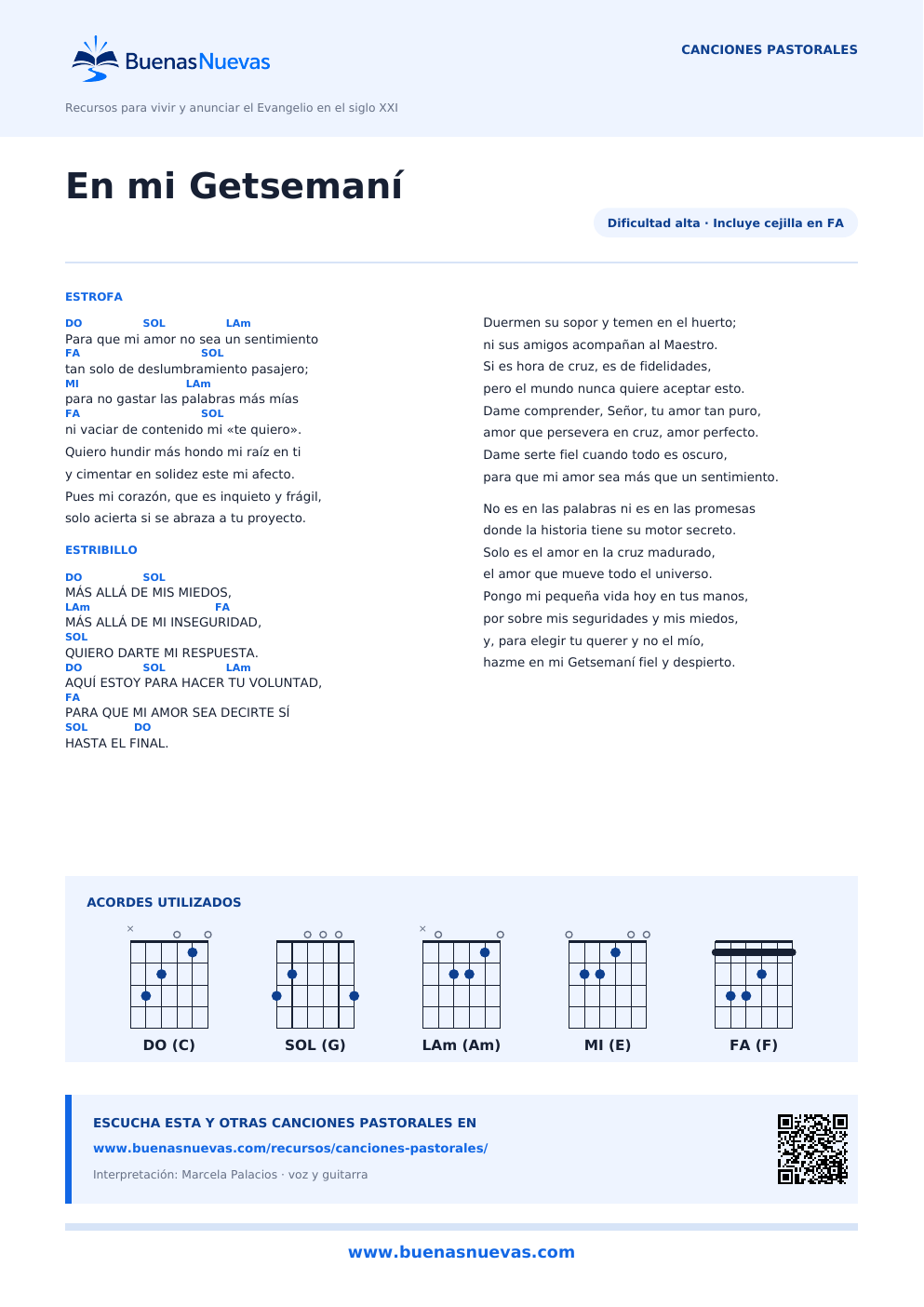 Vista previa del PDF de En mi Getsemaní con letra, acordes y diagramas para guitarra.
