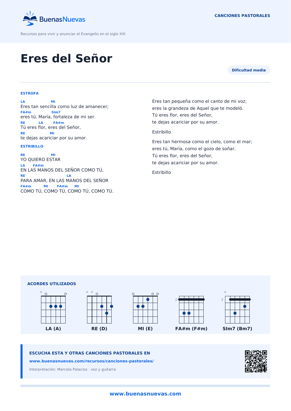 Vista previa del PDF de Eres del Señor con letra, acordes y diagramas para guitarra.