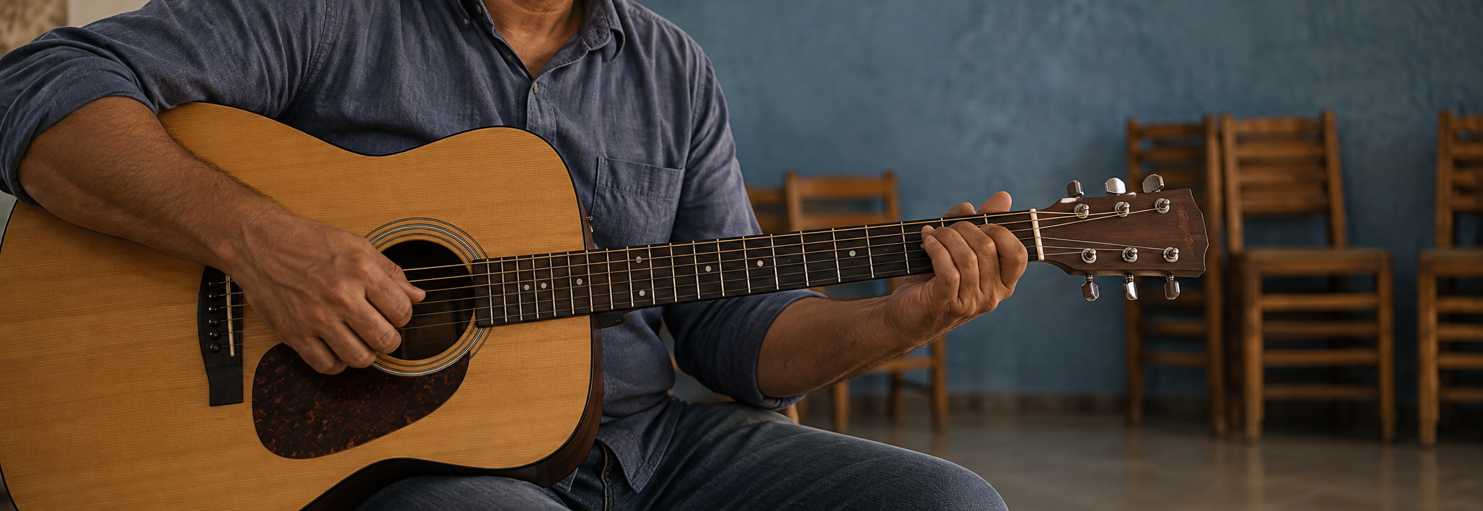 Hombre tocando la guitarra en un espacio comunitario pastoral.