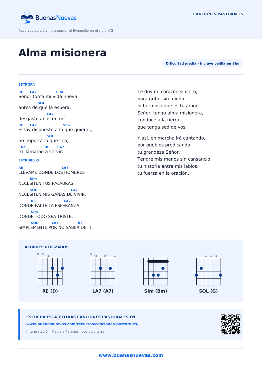 Vista previa del PDF de Alma misionera con letra, acordes y diagramas para guitarra.