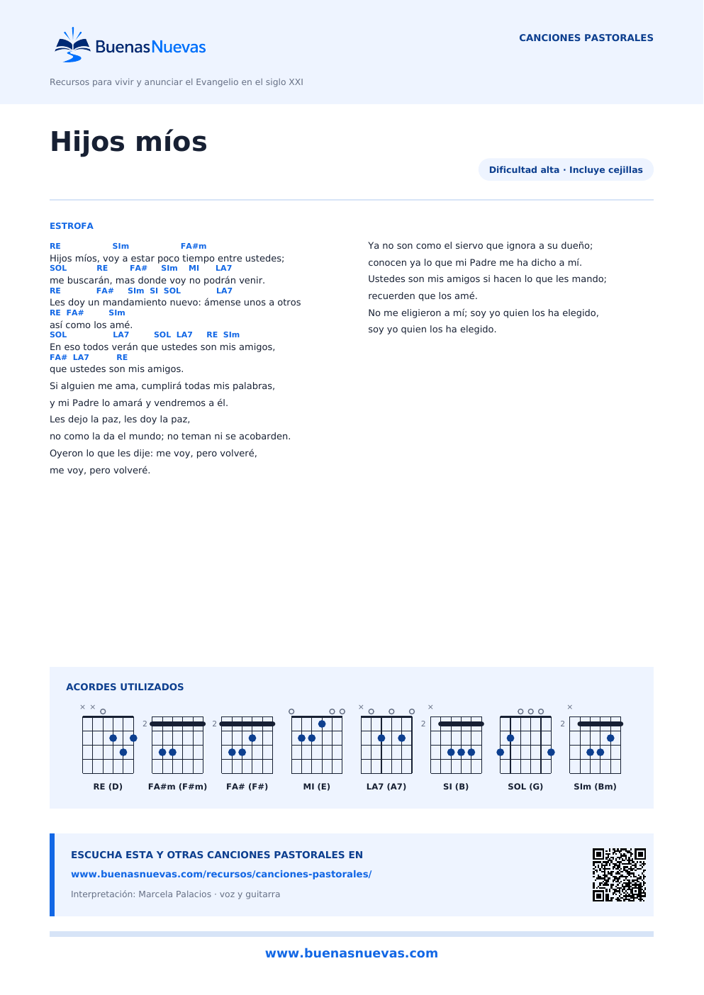 Vista previa del PDF de Hijos míos con letra, acordes y diagramas para guitarra.