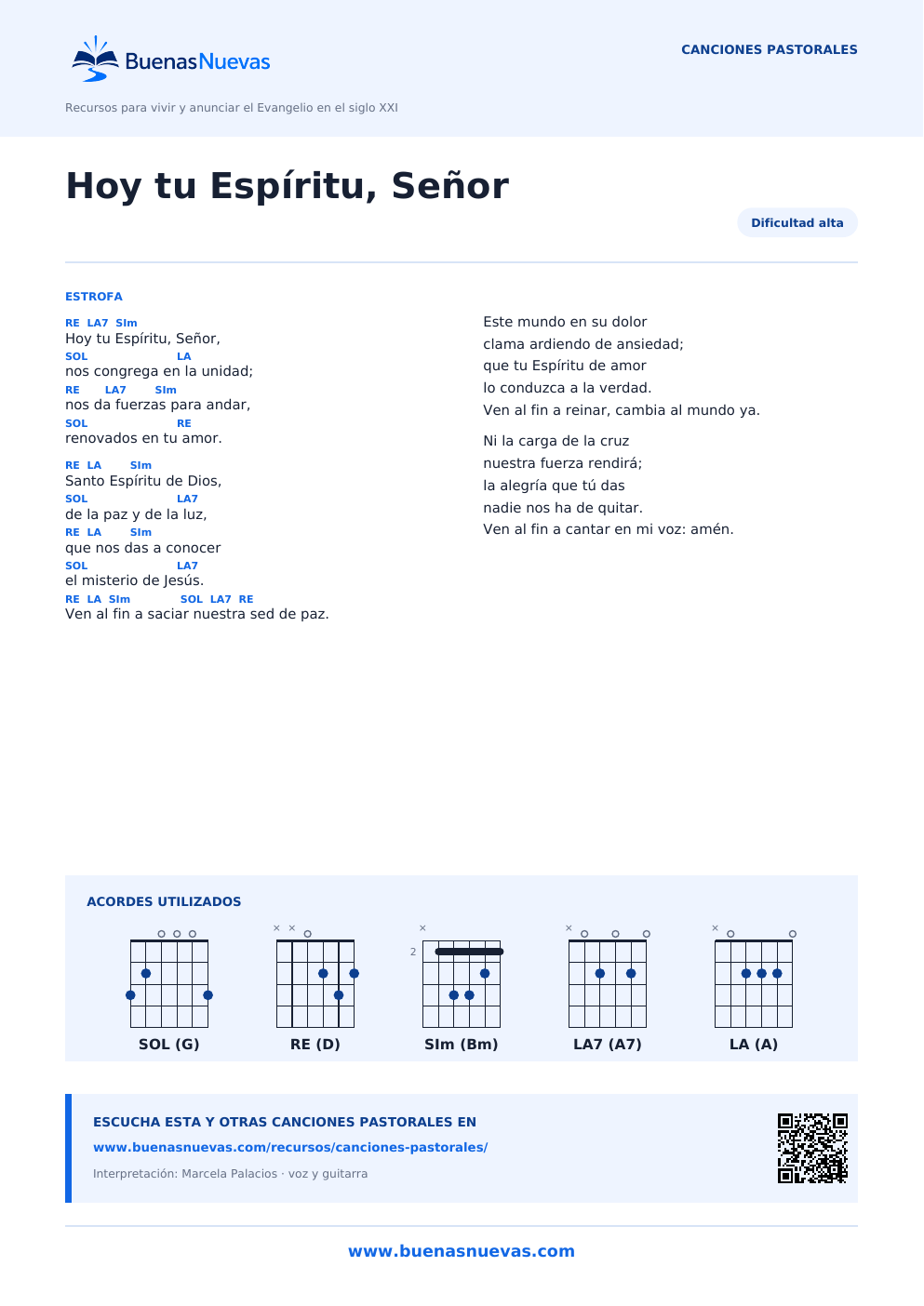 Vista previa del PDF de Hoy tu Espíritu, Señor con letra, acordes y diagramas para guitarra.