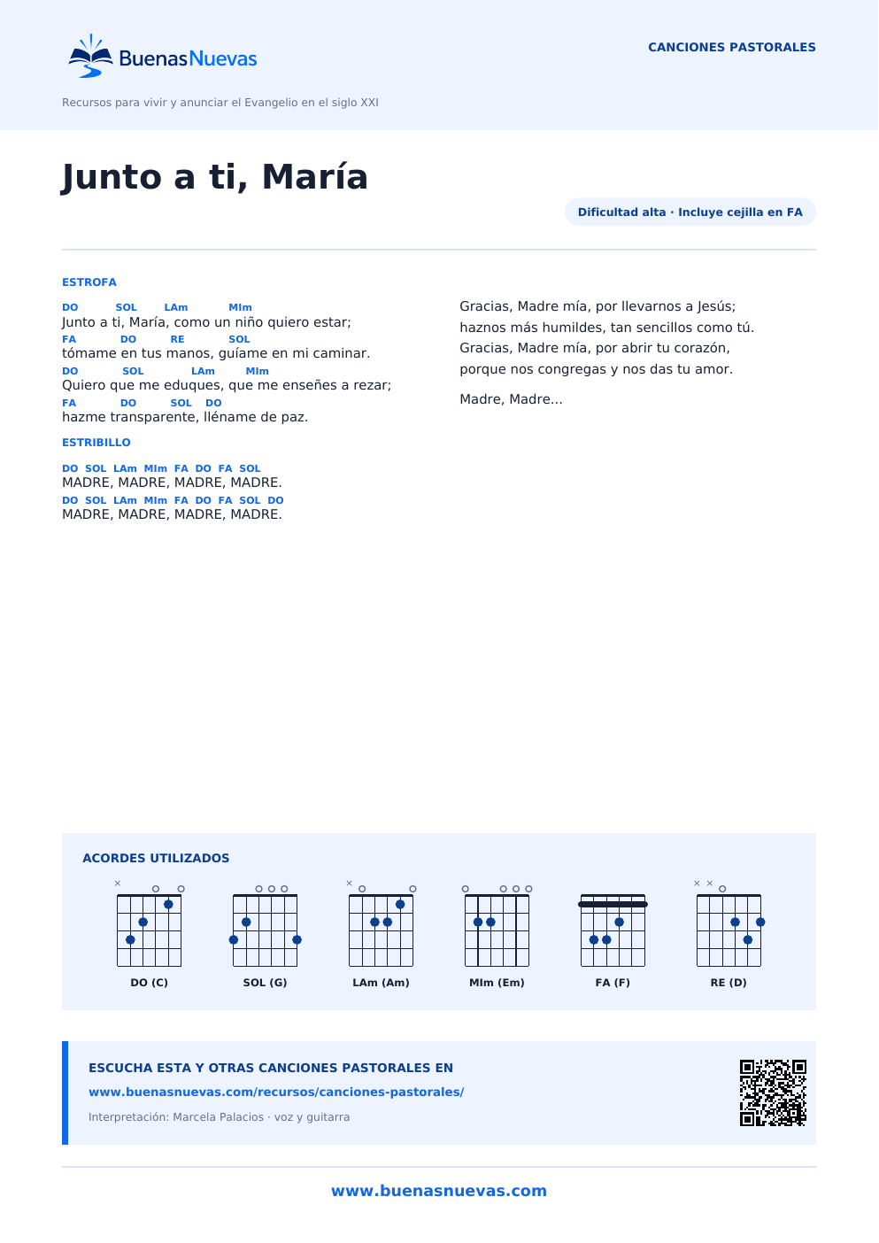 Vista previa del PDF de Junto a ti, María con letra, acordes y diagramas para guitarra.