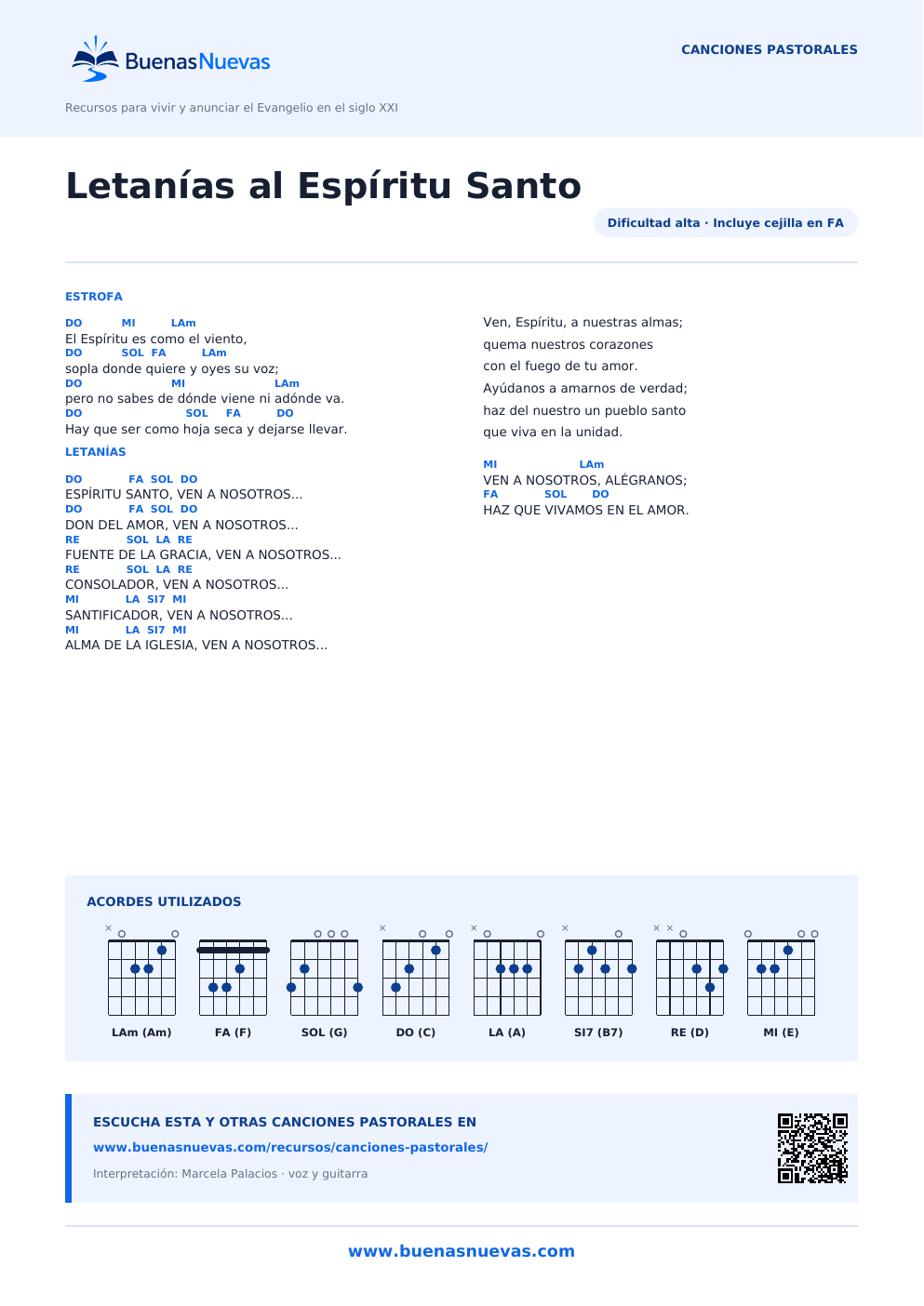 Vista previa del PDF de Letanías al Espíritu Santo con letra, acordes y diagramas para guitarra.