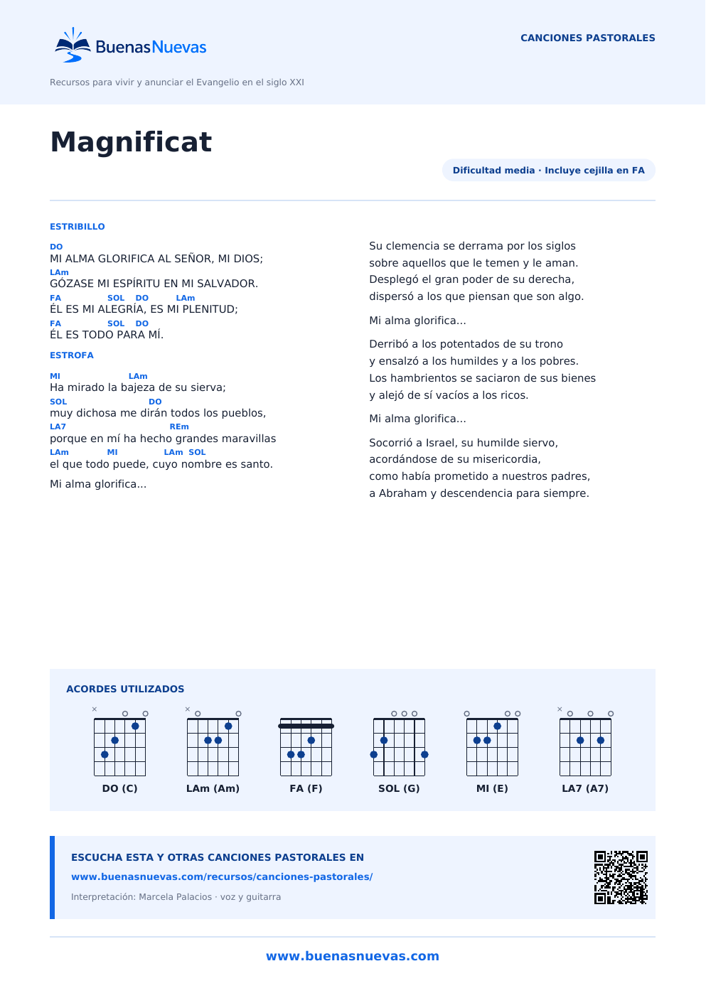 Vista previa del PDF de Magnificat con letra, acordes y diagramas para guitarra.