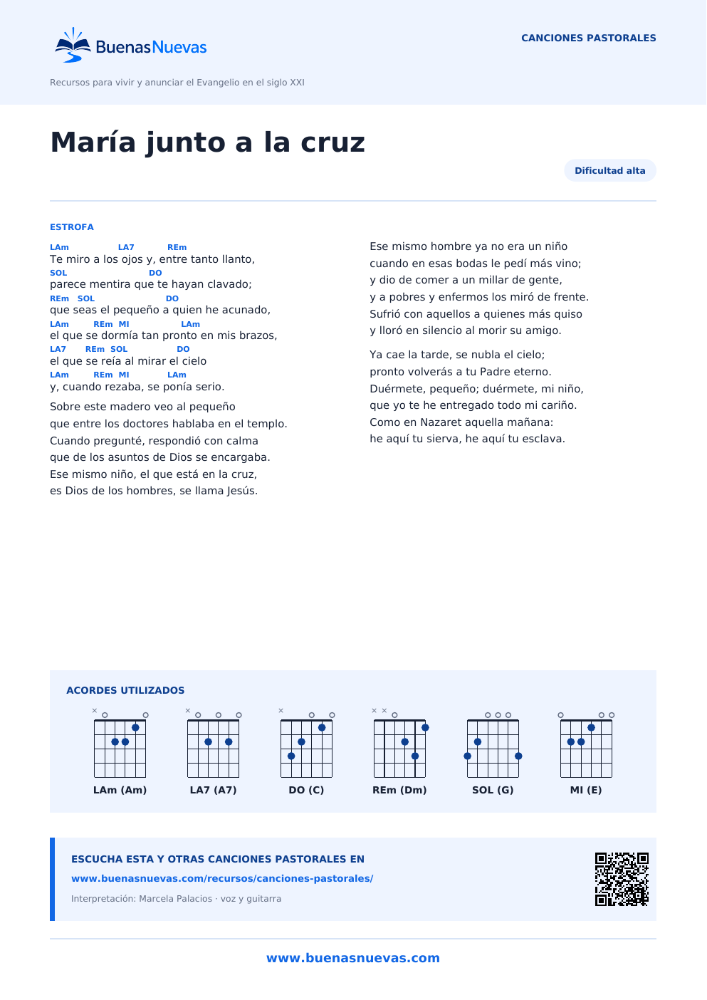 Vista previa del PDF de María junto a la cruz con letra, acordes y diagramas para guitarra.