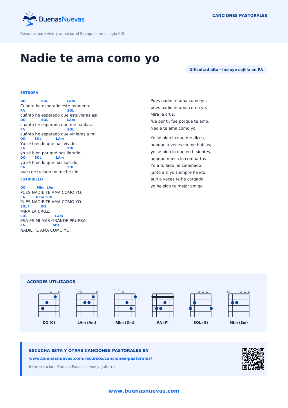 Vista previa del PDF de Nadie te ama como yo con letra, acordes y diagramas para guitarra.