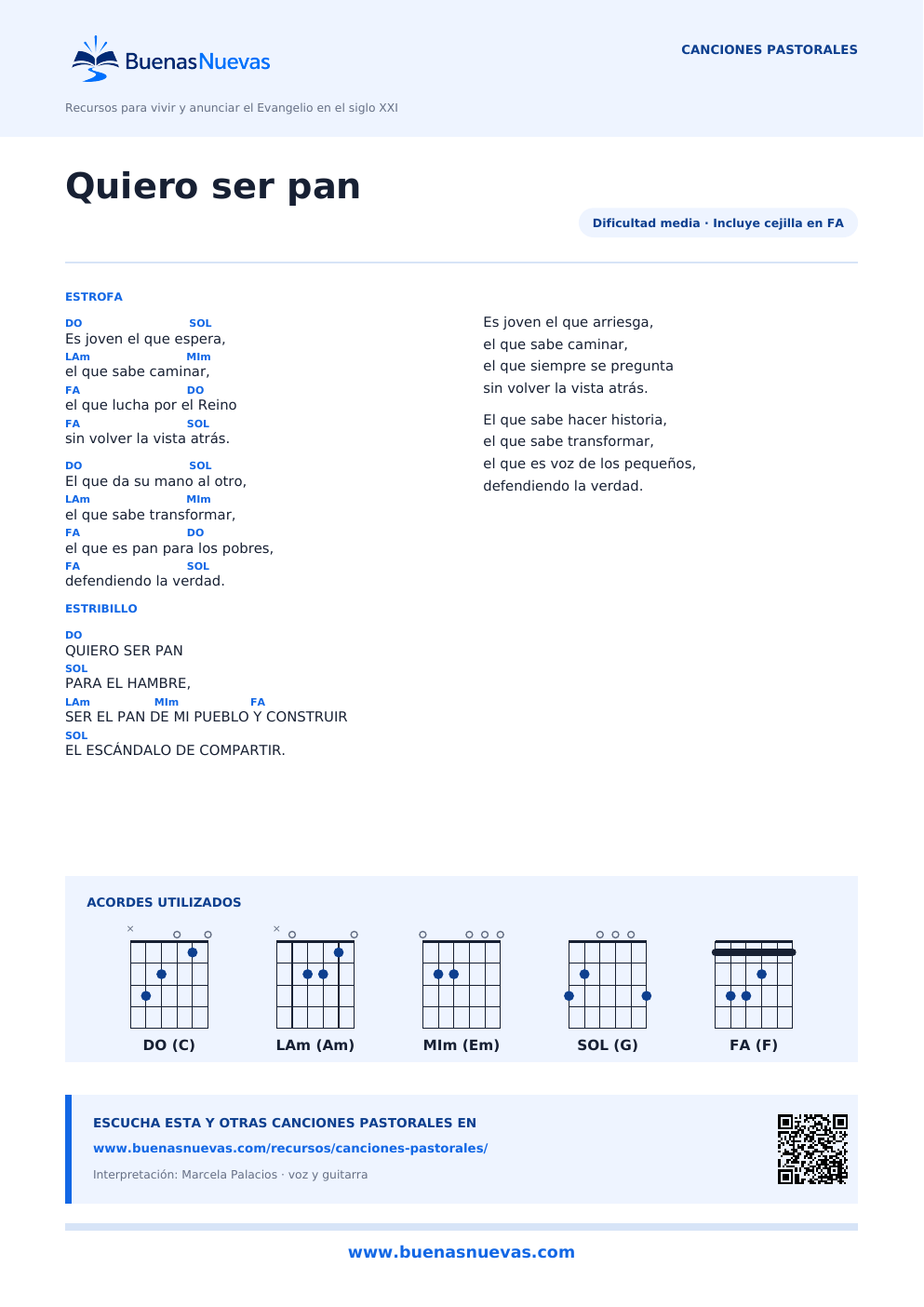 Vista previa del PDF de Quiero ser pan con letra, acordes y diagramas para guitarra.