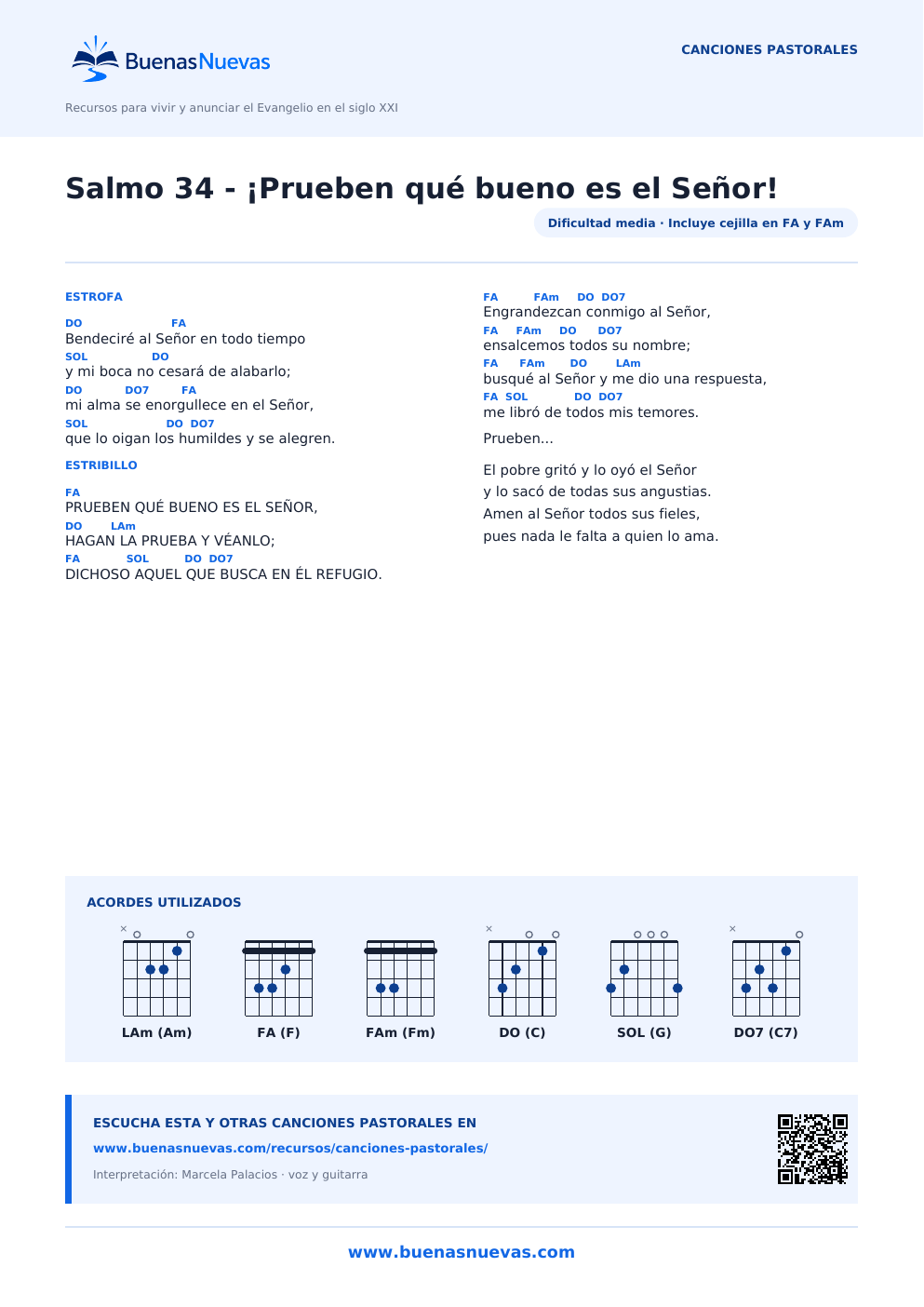 Vista previa del PDF de Salmo 34 — ¡Prueben qué bueno es el Señor! con letra, acordes y diagramas para guitarra.