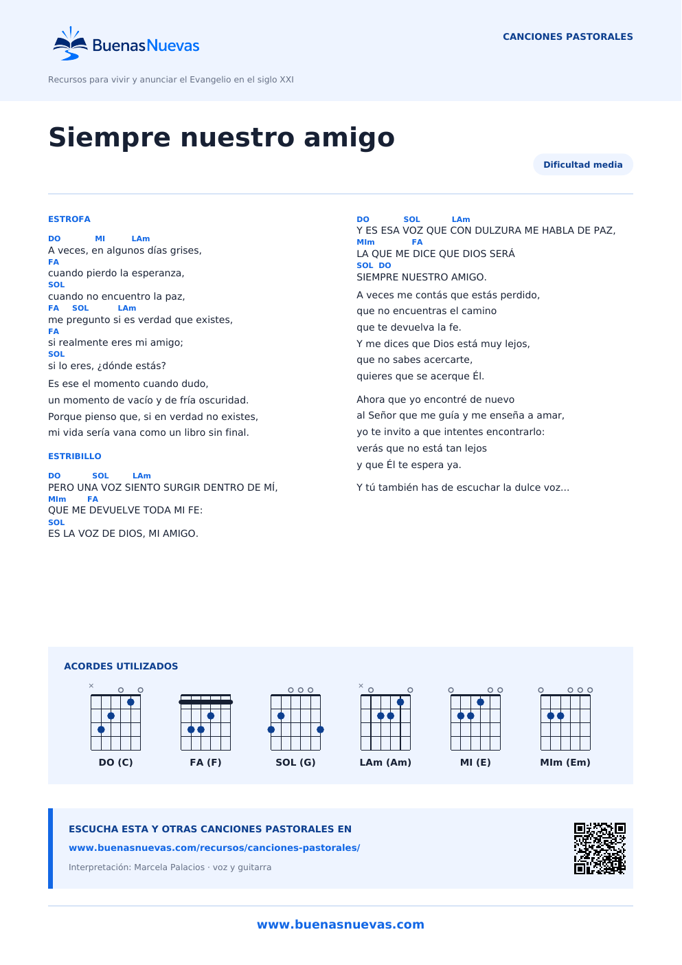 Vista previa del PDF de Siempre nuestro amigo con letra, acordes y diagramas para guitarra.