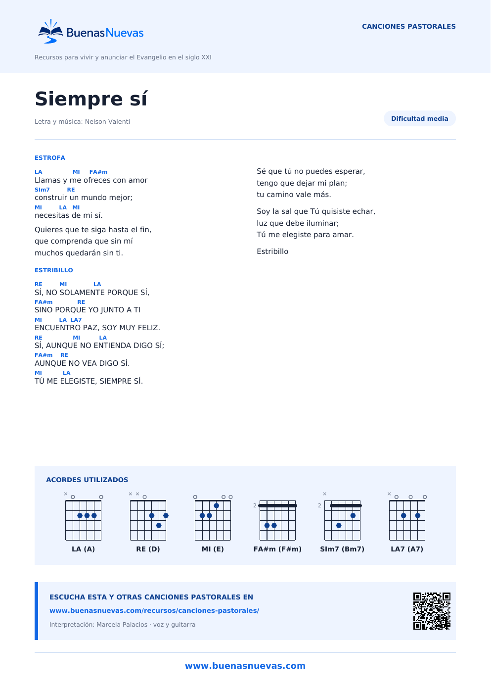 Vista previa del PDF de Siempre sí con letra, acordes y diagramas para guitarra.