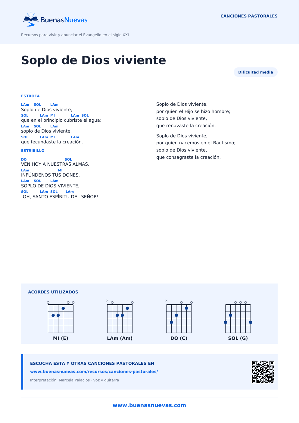 Vista previa del PDF de Soplo de Dios viviente con letra, acordes y diagramas para guitarra.