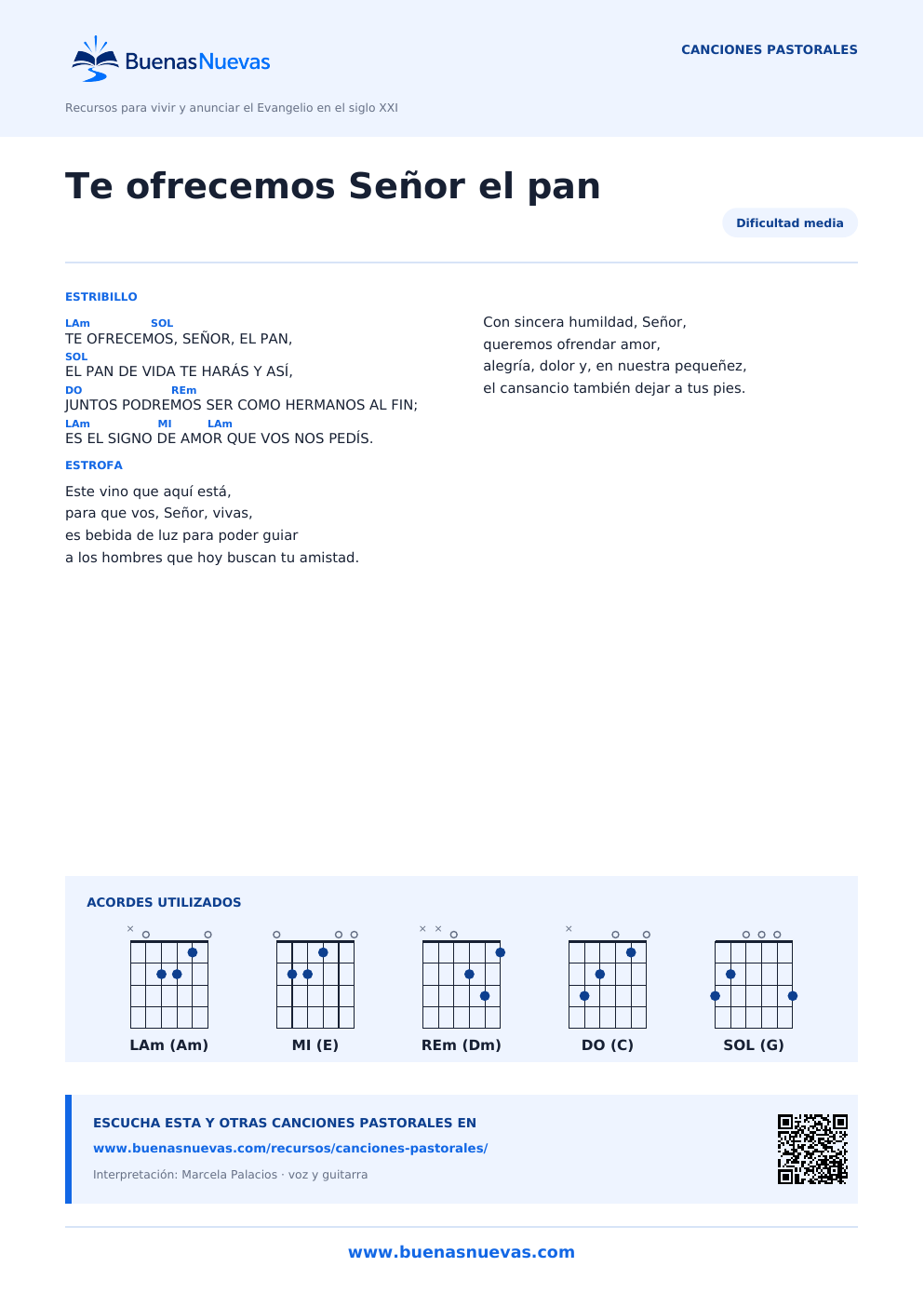 Vista previa del PDF de Te ofrecemos Señor el pan con letra, acordes y diagramas para guitarra.