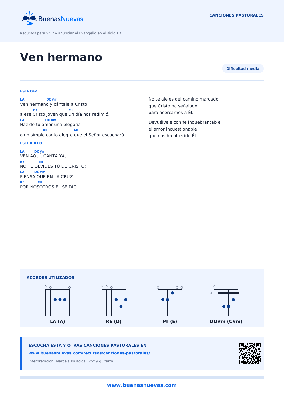 Vista previa del PDF de Ven hermano con letra, acordes y diagramas para guitarra.