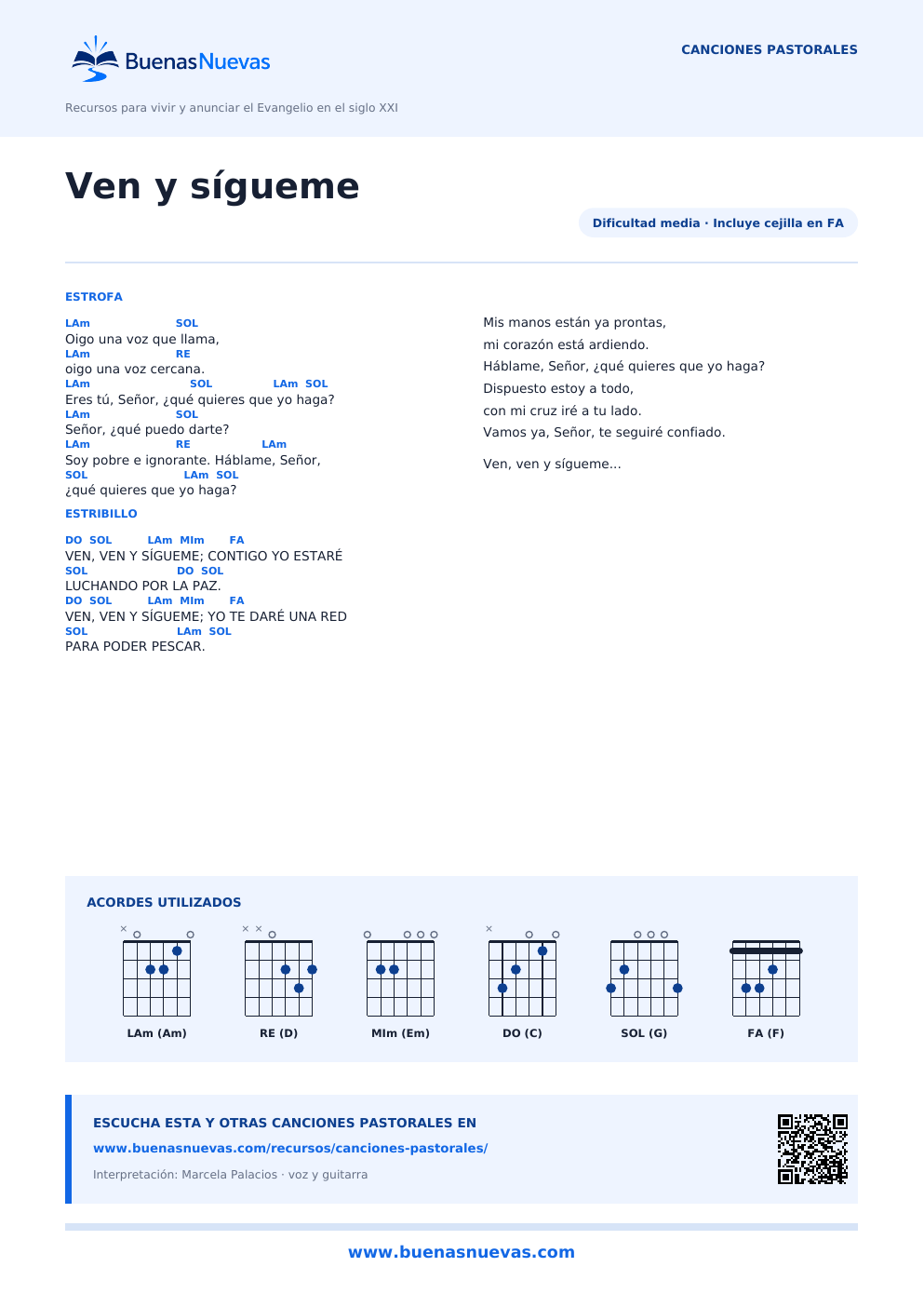 Vista previa del PDF de Ven y sígueme con letra, acordes y diagramas para guitarra.