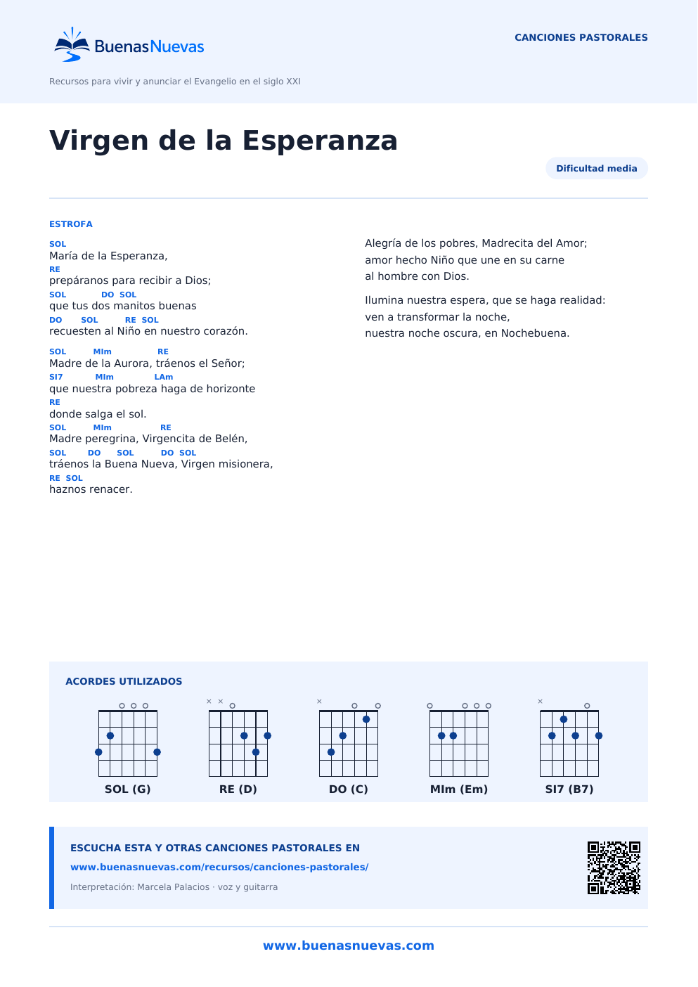 Vista previa del PDF de Virgen de la Esperanza con letra, acordes y diagramas para guitarra.